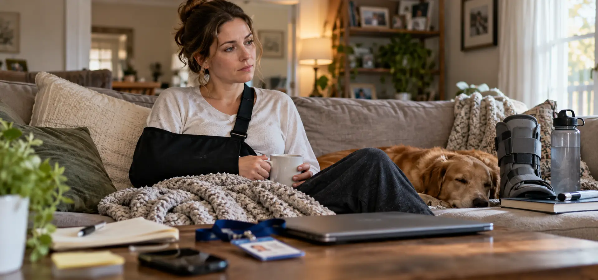 A person with a sling sitting at home with their work badge and closed laptop nearby.