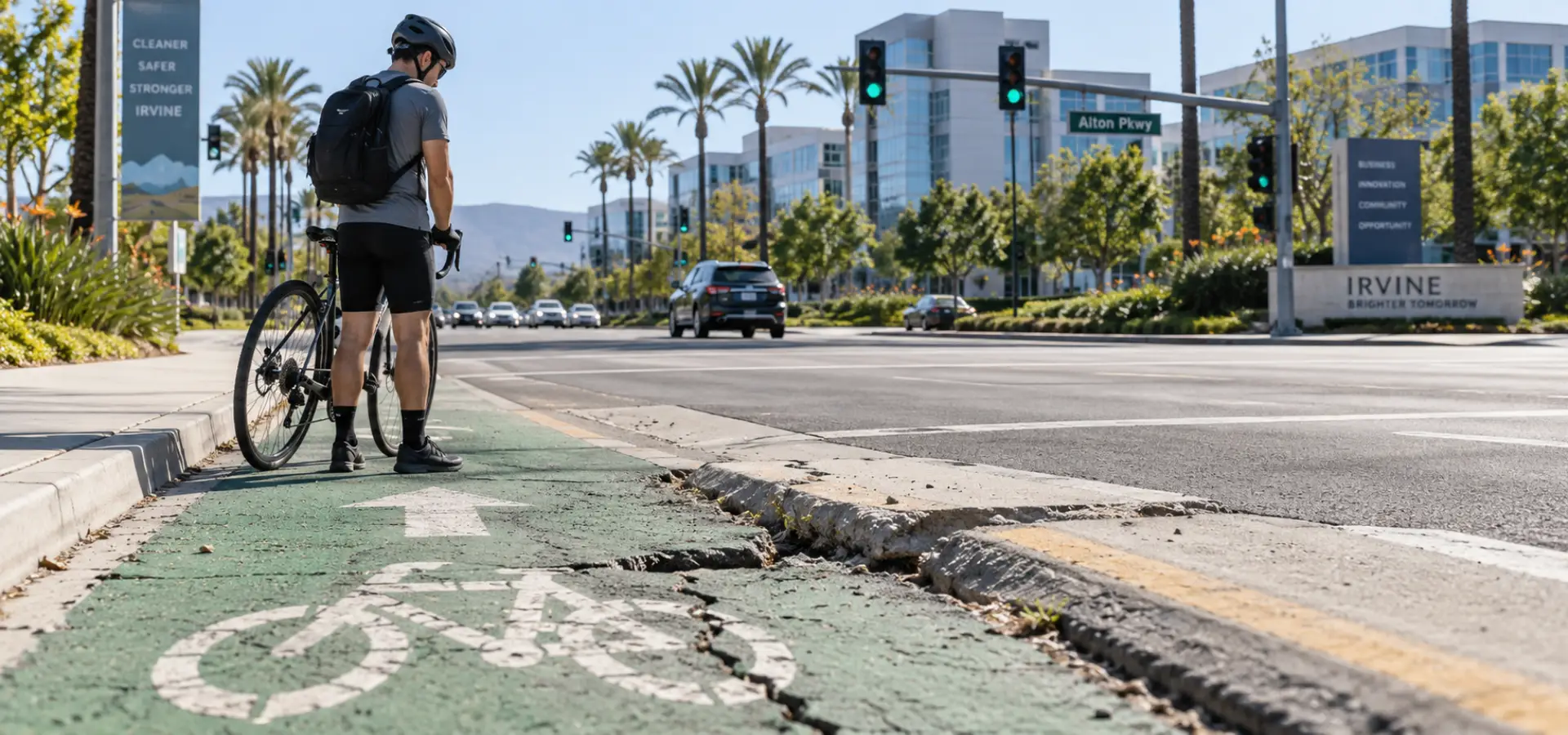 A cyclist standing beside a bike on an Irvine-style road, looking at a cracked bike lane, faded markings, or uneven pavement.