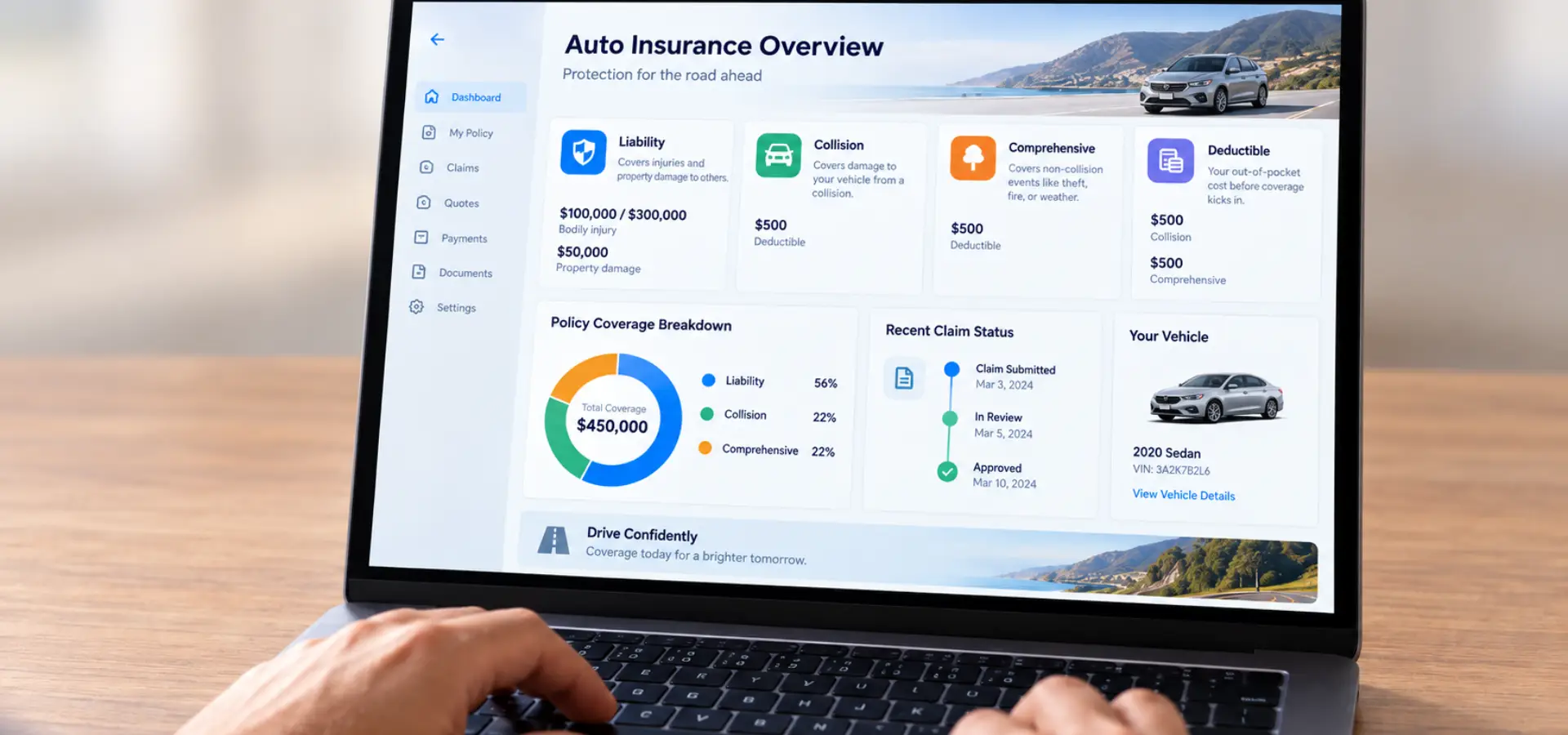 A laptop screen with a car insurance portal.