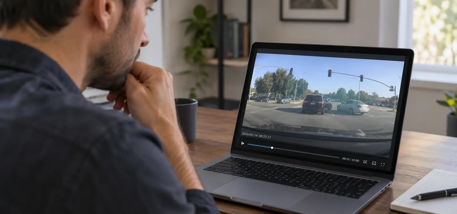 A man reviewing accident footage on his laptop.