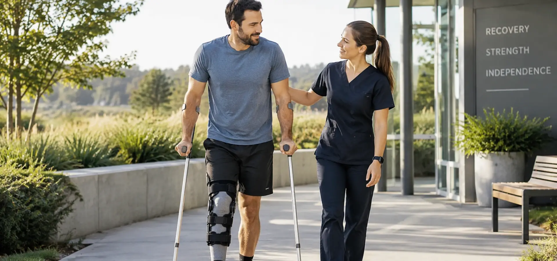 A person walking with a physical therapist or using a resistance band, suggesting that compensation depends on medical recovery and long-term impact.