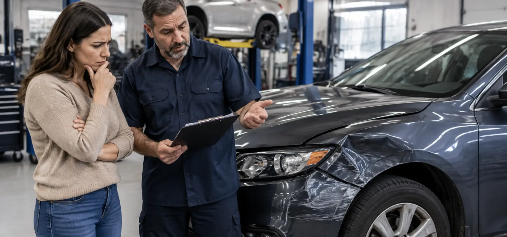 A woman and a mechanic talking about deductibles and car damage.