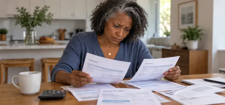 A woman looking at medical bills in her dining room.