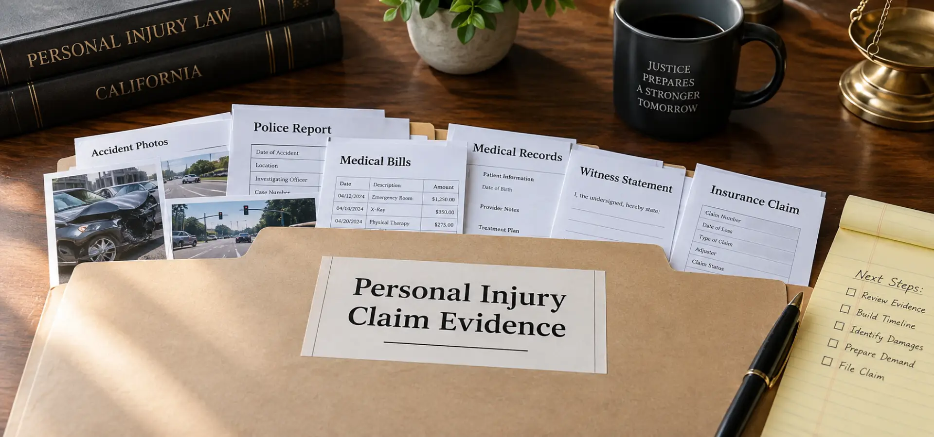 A folder labeled “Personal Injury Claim Evidence” with photos of vehicle damage, medical bills, and a police report partially visible.