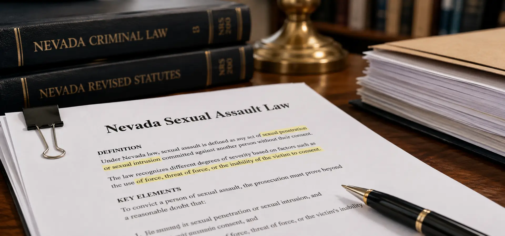 A stack of documents that defines sexual assault under Nevada Law.