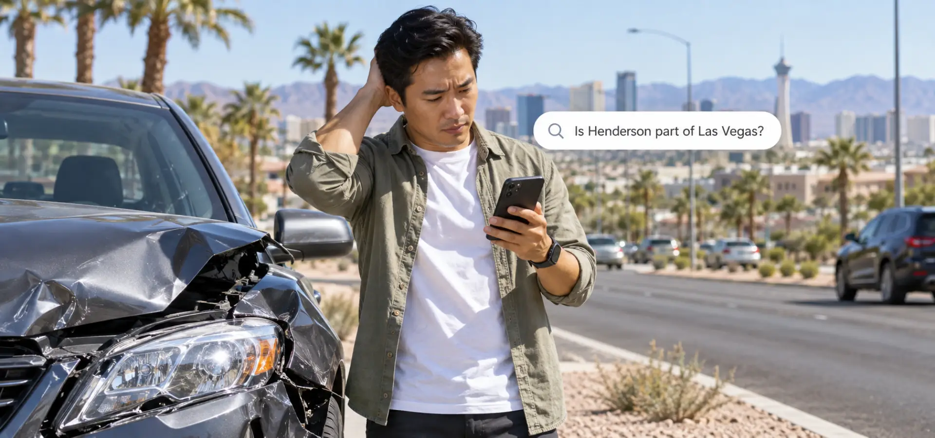 A motorist beside a damaged car looking confused at their phone.