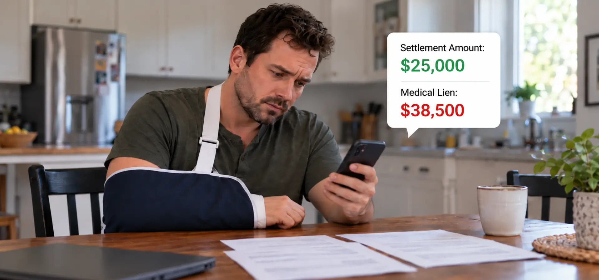 A worried man looking at his medical lien and how much his settlement might be.
