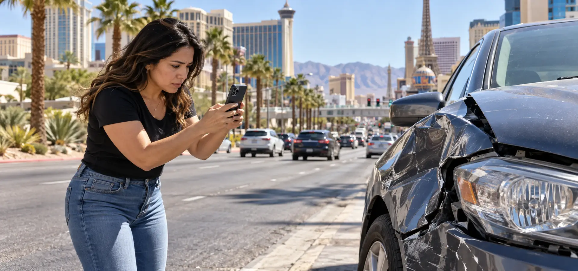 A woman taking a photo of wrecked car.