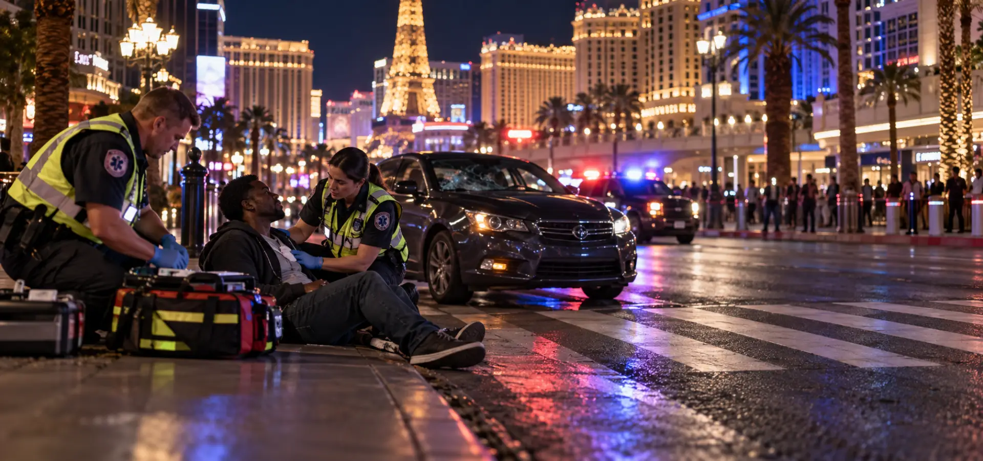 A mildly injured pedestrian sitting safely on the curb while paramedics check them, with crosswalk markings, hotel lights, and crowds blurred in the background.