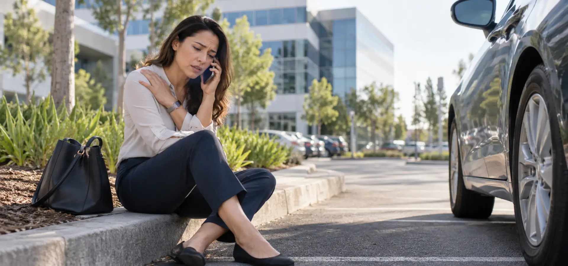 A worker in business casual clothing sitting on a curb near an office complex parking lot, holding a phone after a minor crash or pedestrian incident.