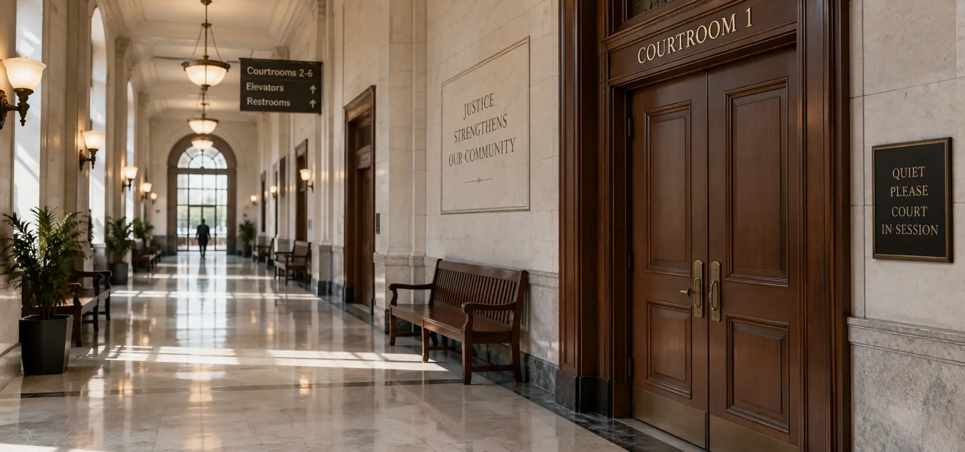 A clean courthouse interior hallway with courtroom doors, benches, and warm lighting.
