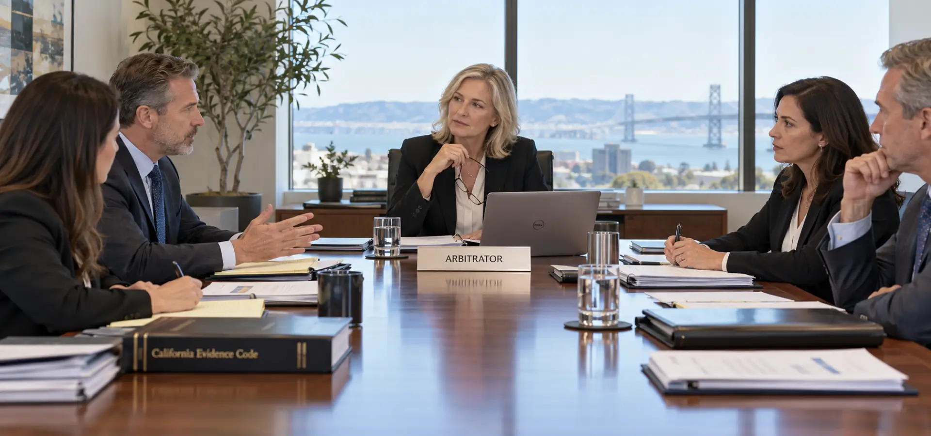 An arbitration hearing where two sides are presenting their case to an arbitrator.