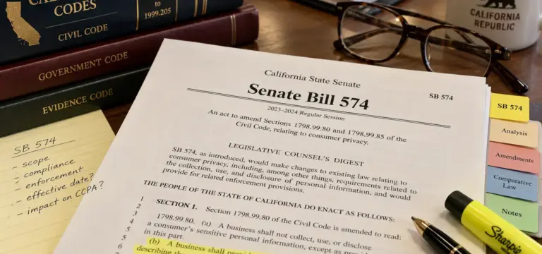 A close up of California senate bill 574.