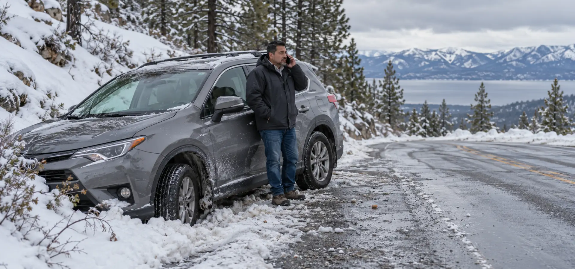 A man on the phone crashing his car in snow.