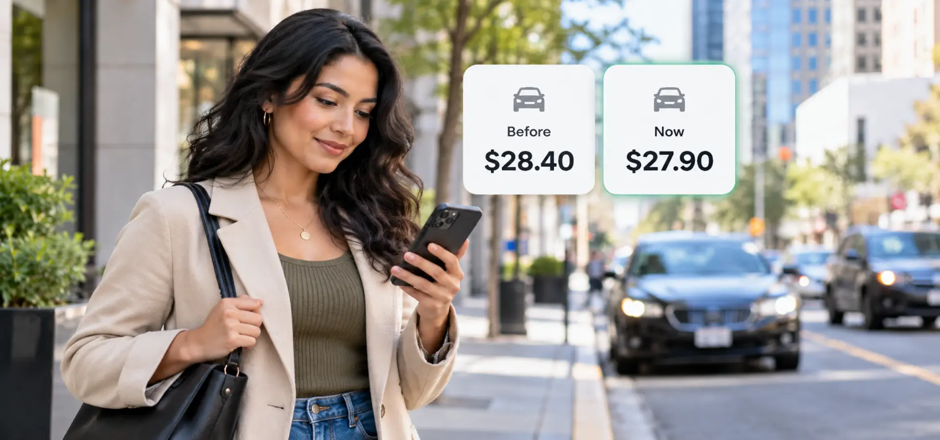 A woman ordering a rideshare and discovering its at a lower rate.