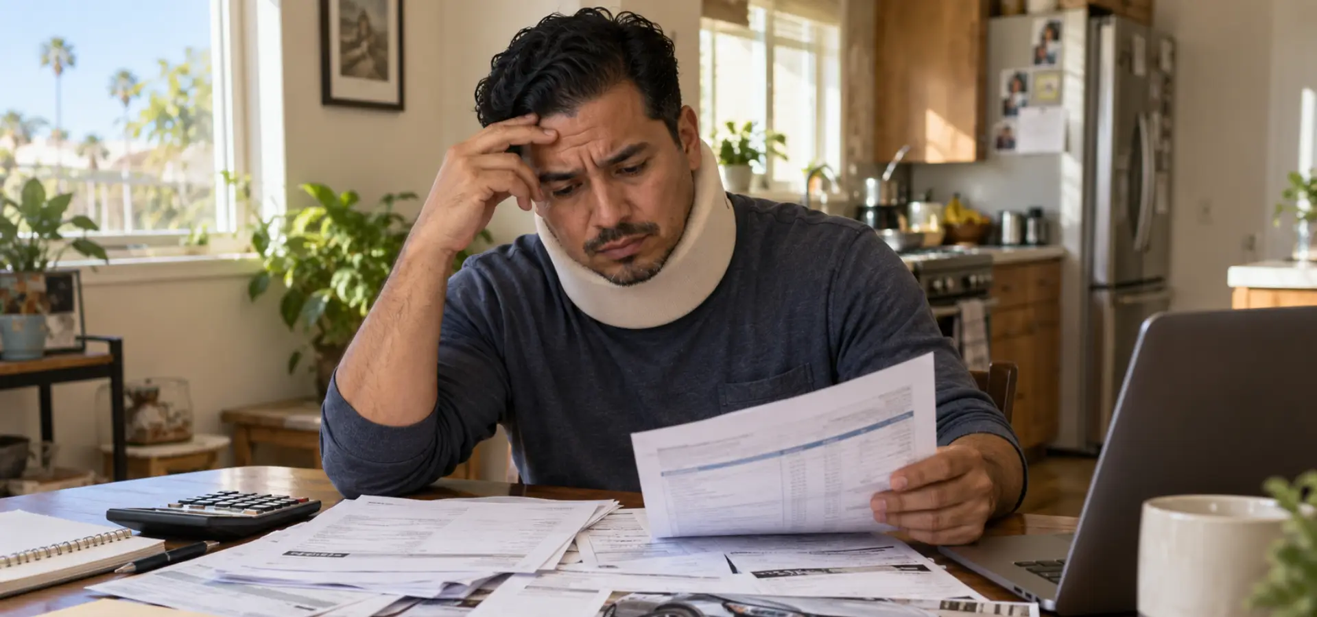 An injured man with a neck brace looking at his bills.