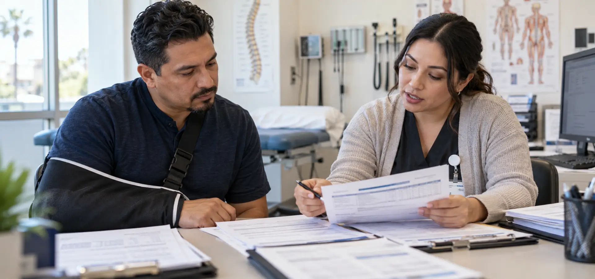 An injury victim talking to a doctor.