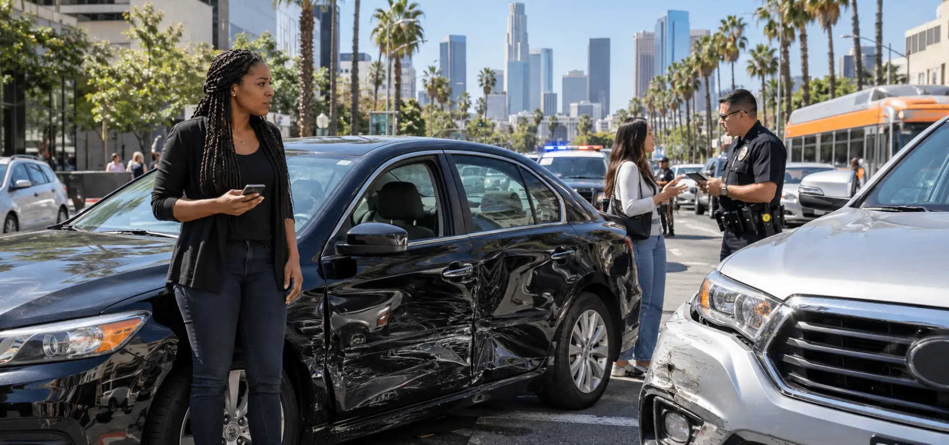 A rideshare accident where one driver is talking to an officer while another is waiting.