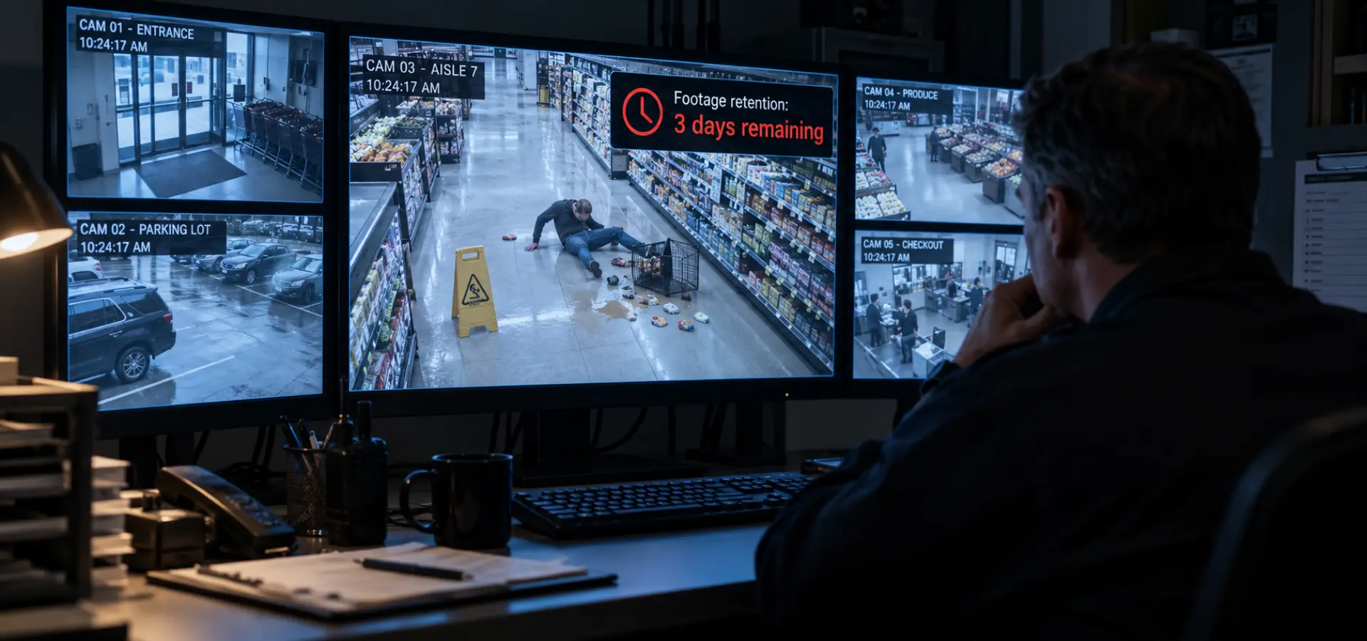 A person reviewing security footage of an accident that has a time limit.