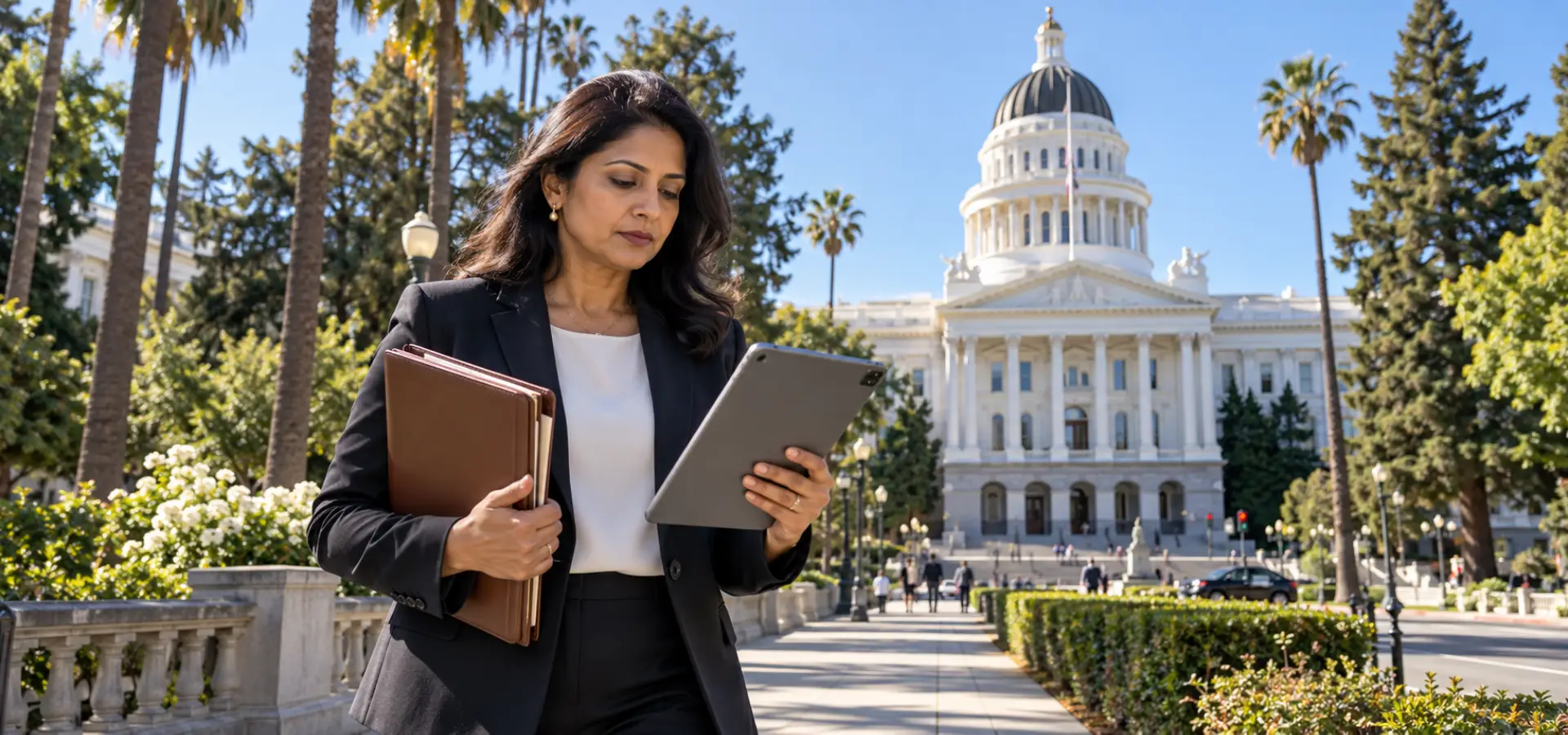 A woman standing outside of California's senate building.
