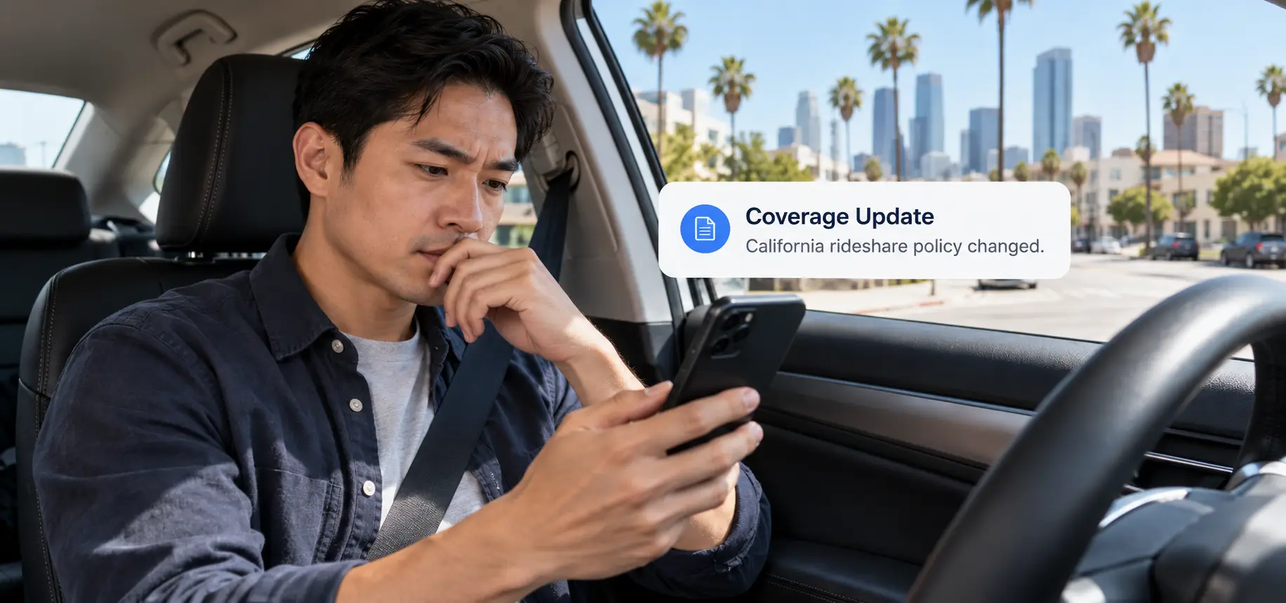 A man looking up rideshare insurance coverage in his car.