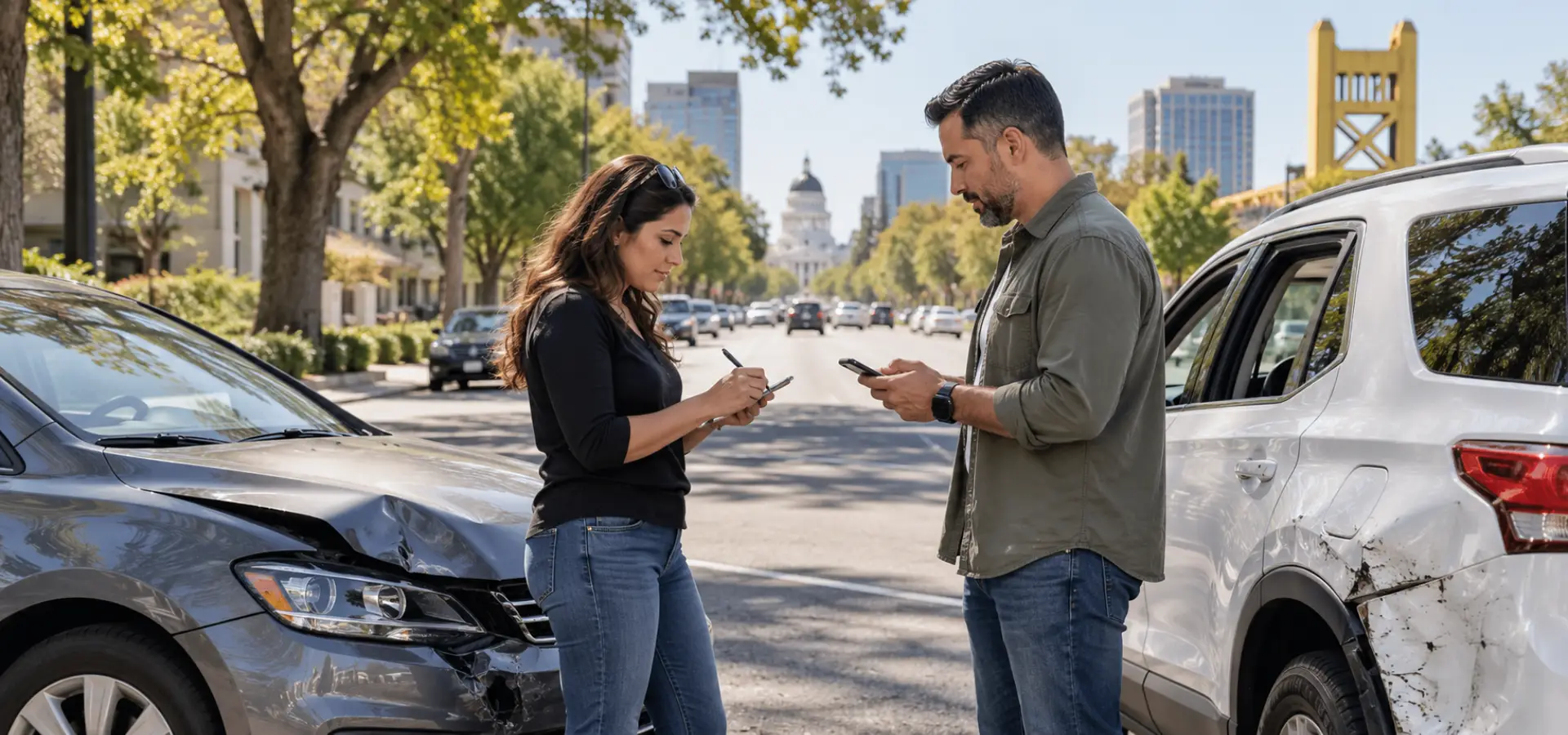 Two drivers exchanging information after an accident.
