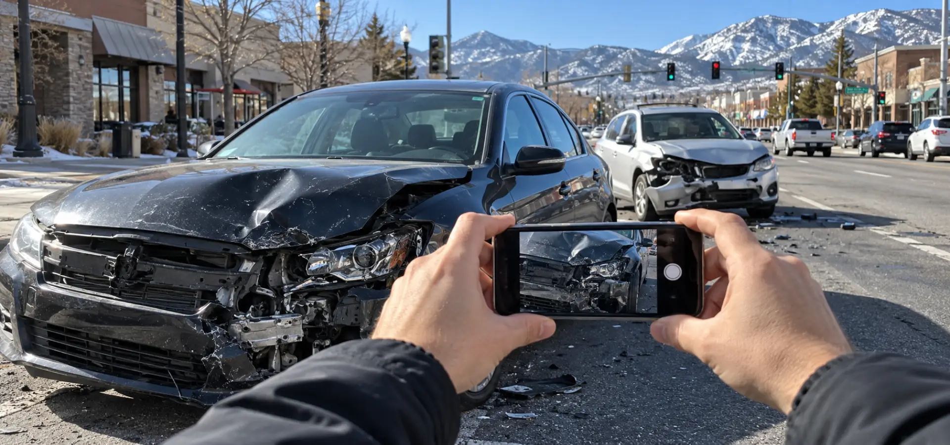 A person taking a photo of a car accident on their phone.