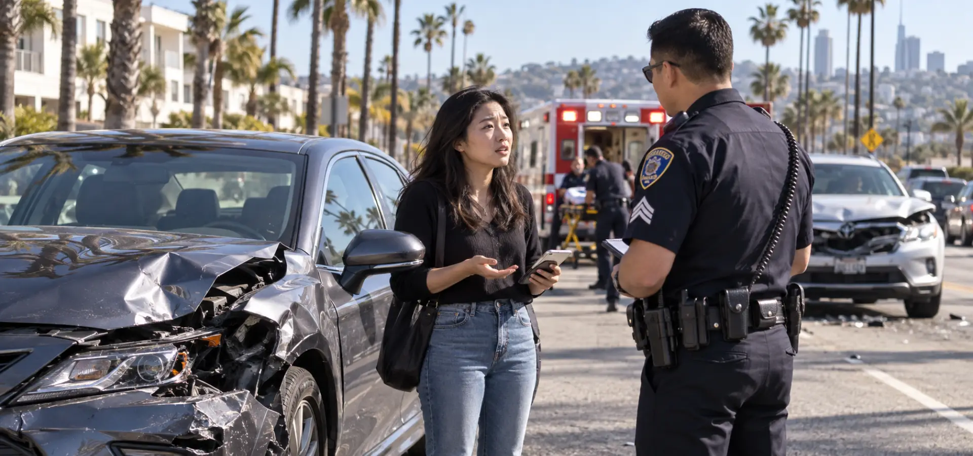 A woman talking to a police officer about a car accident.